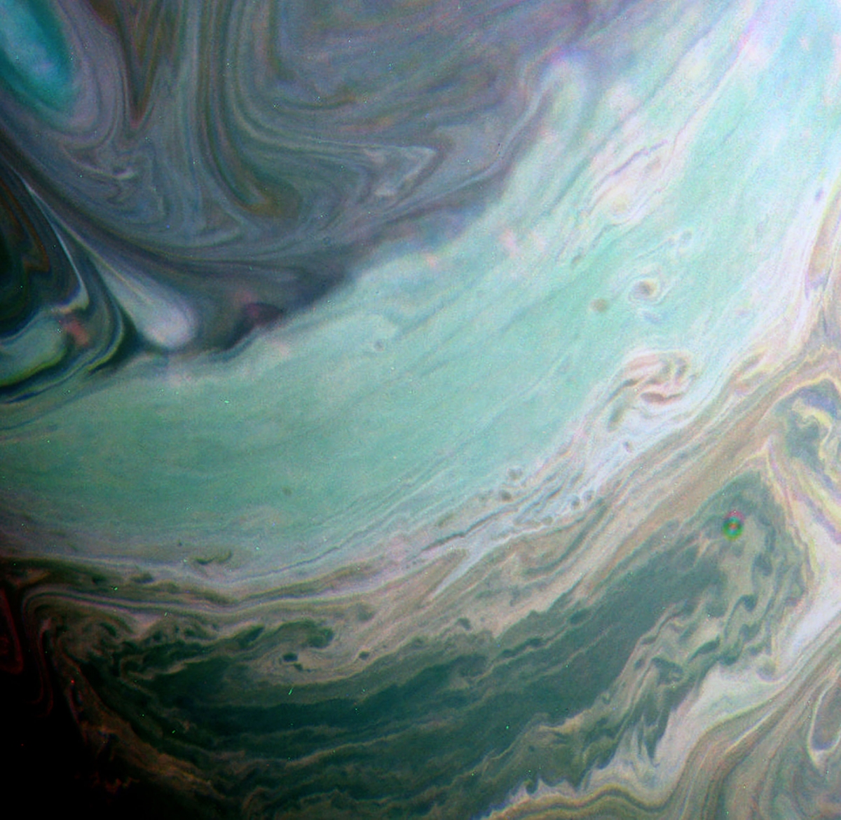 This false-color view from NASA’s Cassini spacecraft shows clouds in Saturn’s northern hemisphere. 