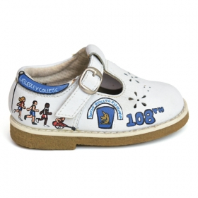 Baby shoe pained with illustrations about the Boston Marathon