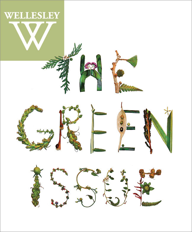 Cover of fall 2017 issue, "The Green Issue" written in twigs and leaves