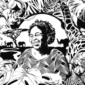 An illustration shows Mercy Ngaruiya, known as Mama Mercy, surrounded by African wildlife and vegetation.