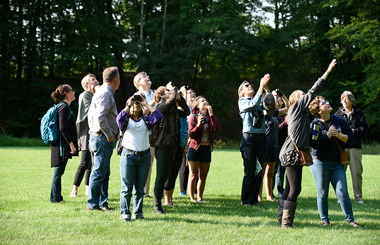A photo of bird watchers pointing at birds in the trees on the Wellesley campus.