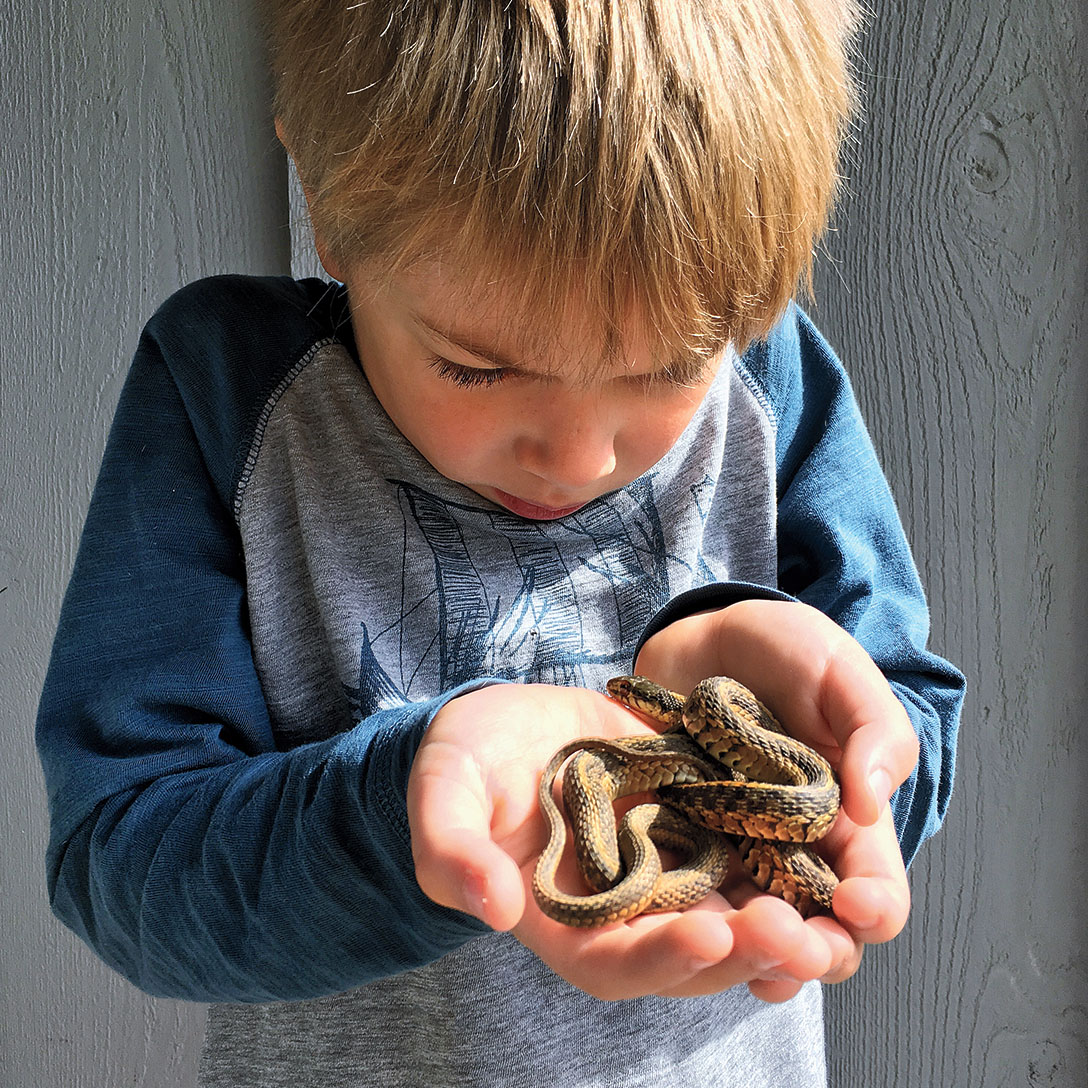 One of the author's children holds a snake -- very carefully!