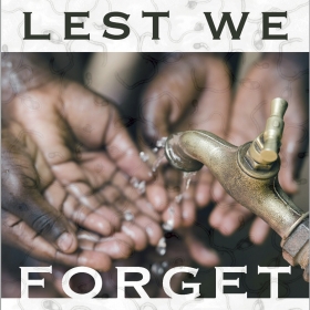 A photo shows the hands of several African people reaching for water dripping from a metal tap.