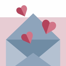 An illustration depicts an open envelope with several hearts rising from its interior.