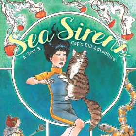 The cover image of Sea Sirens depicts an underwater scene of a Vietnamese-American surfer girl holding her one-eyed cat.