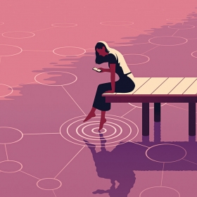 Illustration of a woman sitting on a dock, dipping her toe in the water while looking at a smart phone, while a design of linked circles representing connections grows from where her foot touches the surface
