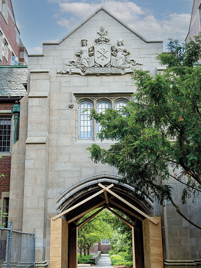 Plywood protection around the Claflin archway
