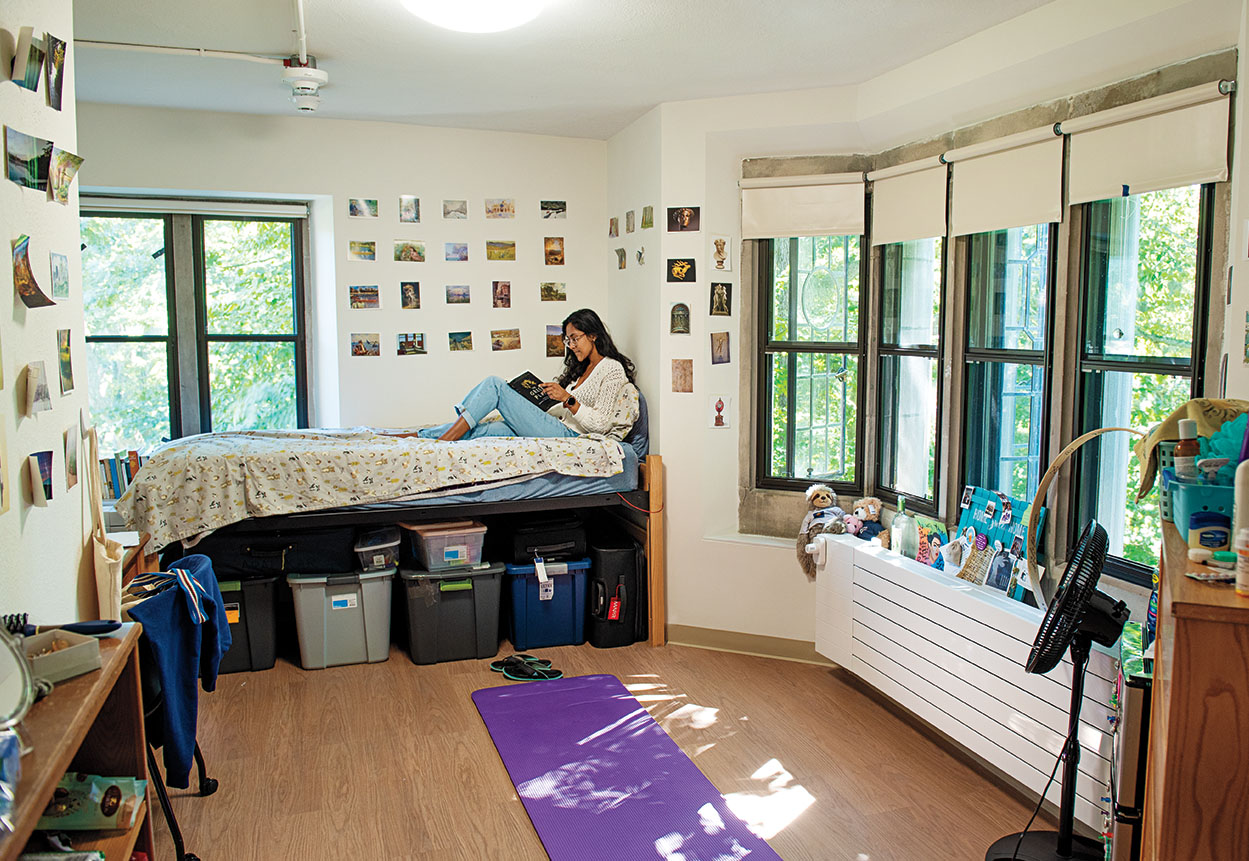 Severance House President Anjali Aralikar ’23 relaxes in her renovated dorm room
