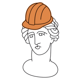 An illustration shows the head of a statue like the ones flanking the entrance of Clapp Library wearing a hard hat.