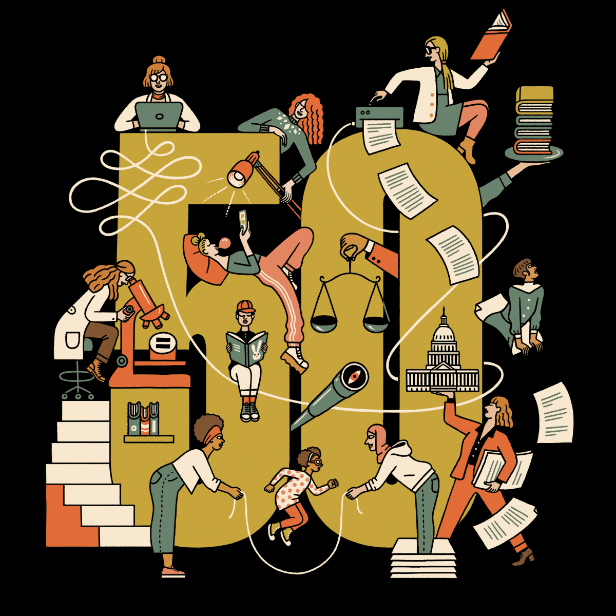 An illustration depcits the number 50 surrounded by figures of women conducting research, providing child care, and working in Washinhgton, D.C. 