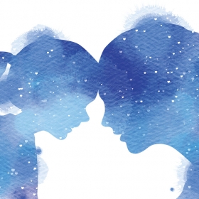 A water-color silhouette painting shows a young girl and her mother in profile, leaning their foreheads against one another.