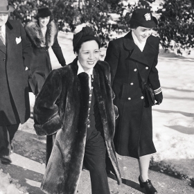 Photo of Mayling Soong Chiang 1917 (Madame Chiang Kai-shek) visited campus while wearing pants and a fur coat