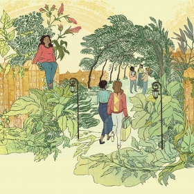 An illustration depicts Wellesley College buildings enclosing a flourishing garden in which several students are sitting, walking, and speaking in a group.