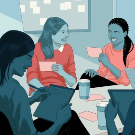 An illustration of women sitting around a conference table, talking and laughing, holding index cards and jotting notes