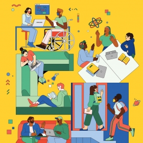 An illustration depicts a diverse range of students engaged in scientific study.