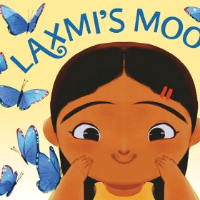 The cover of Laxmi's Mooch is an illustration of a smiling Indian-American who has hair on her upper lip. 