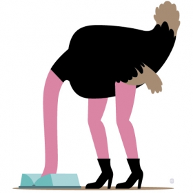 An illustration shows an ostrich with its head buried in a book 