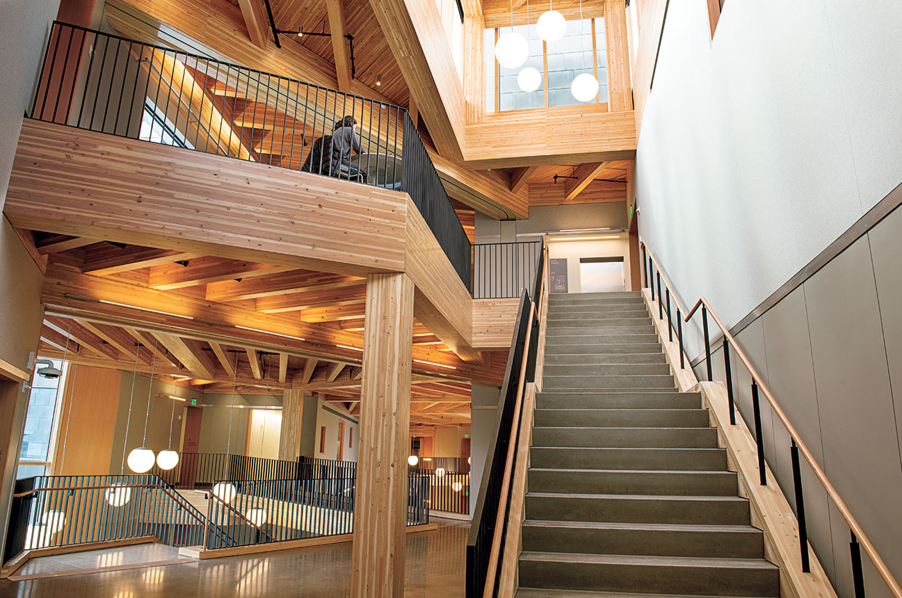 The architecture in the Chao Foundation Innovation Hub features an innovative laminated timber structure, sourced from sustainably managed forests.