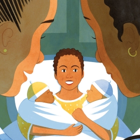 Illustration of a Black mother in a hospital bed cradling two newborn babies