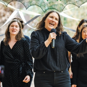 Alum and student members of the Wellesley Widows perform during their 75th anniversary celebration.