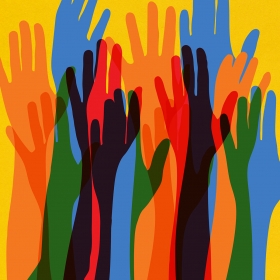 An illustration shows a group of hands being raised, as if to say "Me, too."
