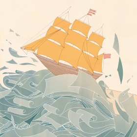 An illustration of Emily Dickinson writing on pieces of paper that turn into an ocean on which a schooner sails