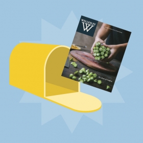Illustration of a mailbox with the spring issue of Wellesley magazine in it