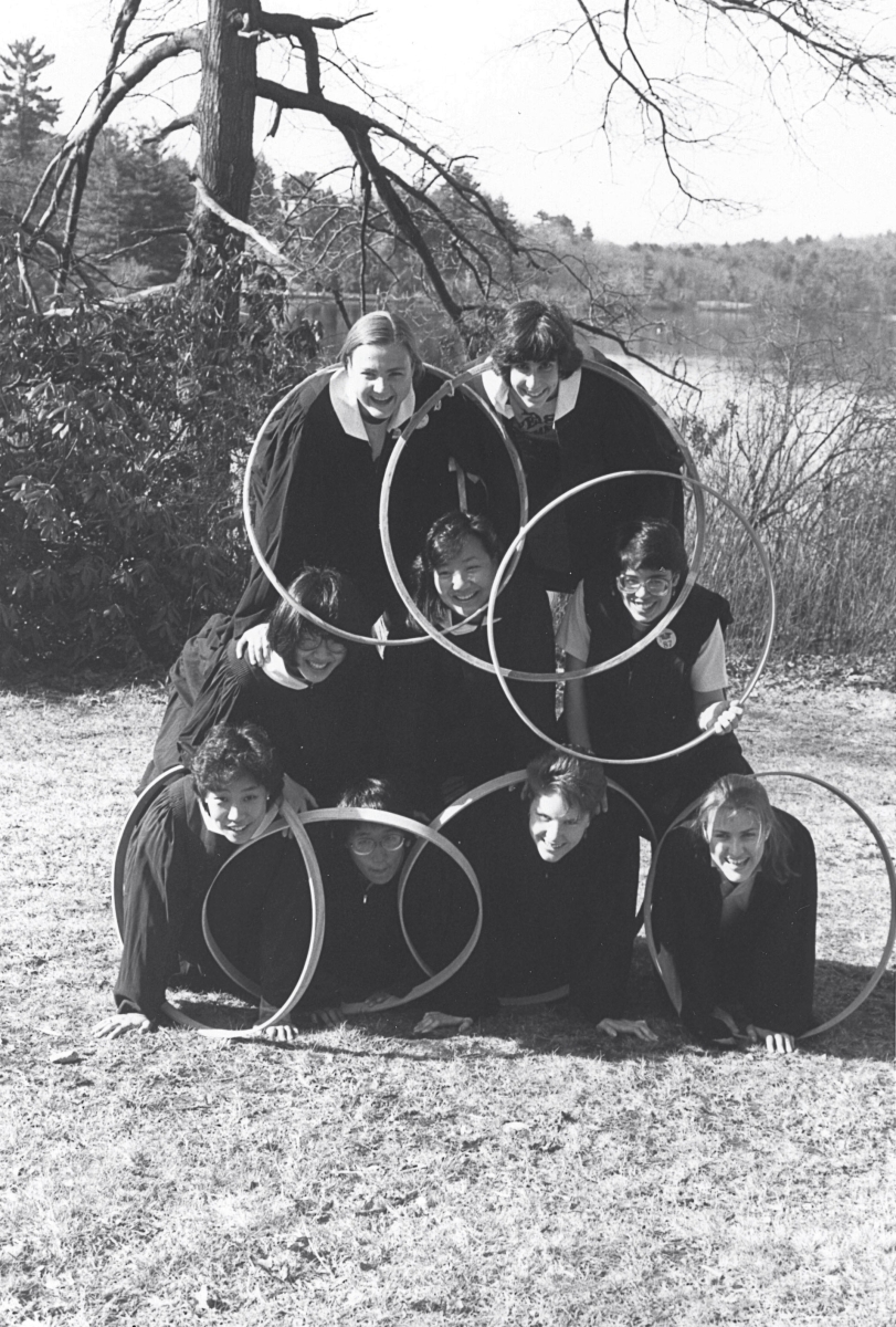 Seniors form a pyramid with their hoops after the 1987 race.