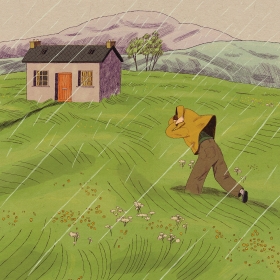 An illustration shows a figure running across a field through the rain toward a warmly lit cottage. 