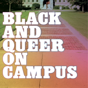 The cover of Black and queer on Campus displays a photo of a walkway leading to a college building.