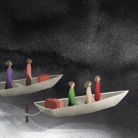 An illustration depicts people standing in small open boats, their suitcases at their feet, about to embark on a journey into the unknown.