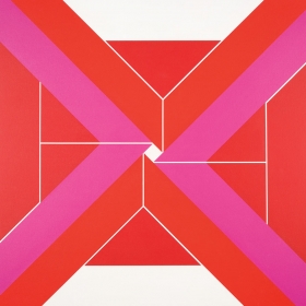 Inward Longing, a large square composition that features an array of trapezoids, in deep pinks and bright reds, that converge, but remain just out of alignment, to articulate a small, bright white square at the center of the canvas. 