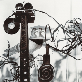 A black-and-white photograph of parts of an unspooled cassette tape and recording devices sitting on top of an image of pigeons, with dramatic shadows cast by the devices