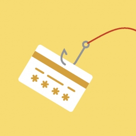 Illustration of a credit card being snagged by a fishing hook and line