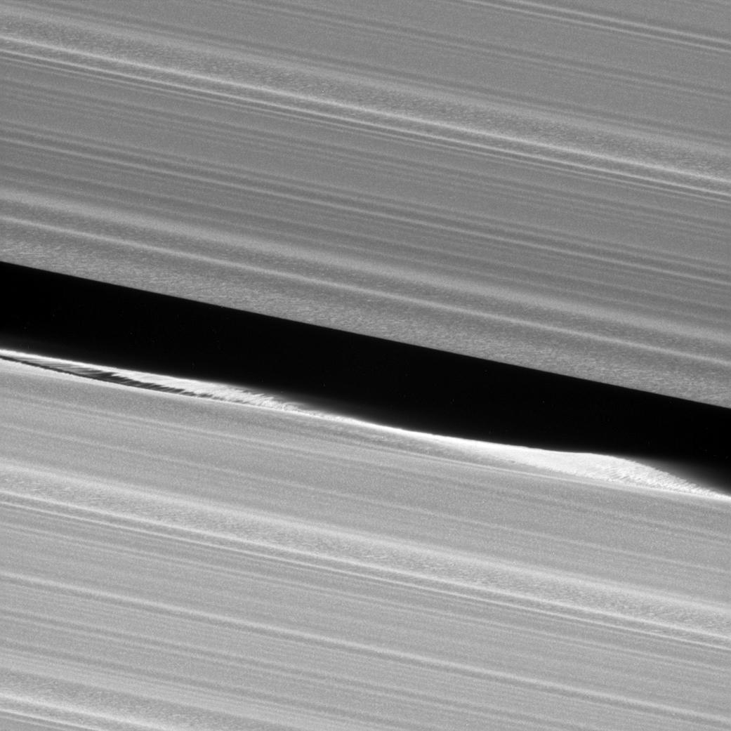 Before Cassini entered its Grand Finale orbits, it acquired unprecedented views of the outer edges of the main ring system. For example, this close-up view of the Keeler Gap, which is near the outer edge of Saturn’s main rings, shows in great detail just how much the moon Daphnis affects the edges of the gap.