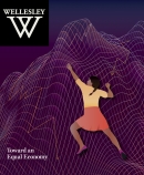 Cover of winter 2022 issues, illustration of a woman of color climbing an abstract mountain covered with lines evoking a stock market index