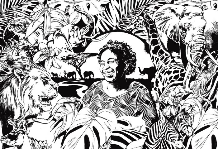 An illustration shows Mercy Ngaruiya, known as Mama Mercy, surrounded by African wildlife and vegetation.