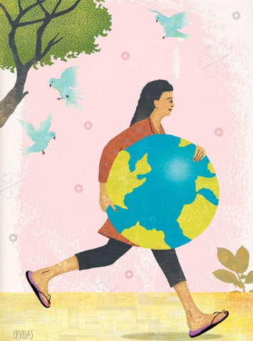 Illustration of woman holding planet Earth