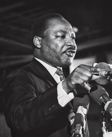 A photo of Dr. Martin Luther King, Jr., shows him speaking in Memphis on the eve of his assassination.