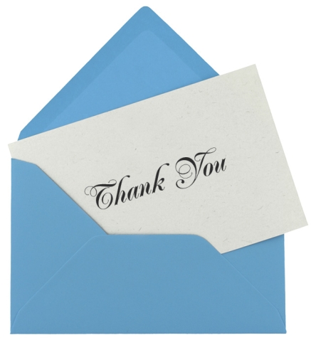 An illustration shows a thank-you note emerging from a blue envelope