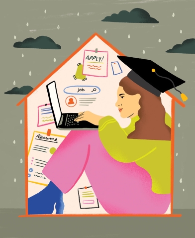 An illustration depicts a woman wearing a mortarboard, seated in her house with a laptop filling out applications.