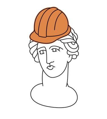 An illustration shows the head of a statue like the ones flanking the entrance of Clapp Library wearing a hard hat.