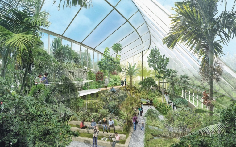 Architectural rendering of the inside of the Global Flora greenhouse.