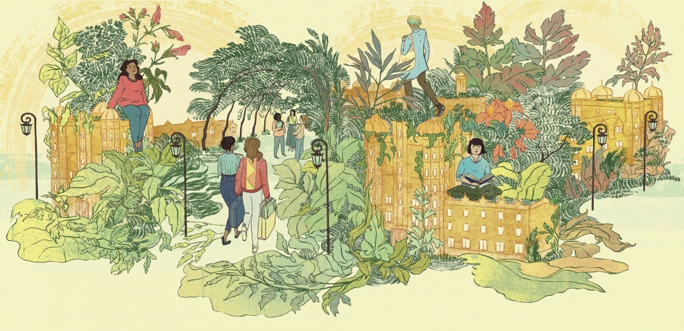 An illustration depicts Wellesley College buildings enclosing a flourishing garden in which several students are sitting, walking, and speaking in a group.