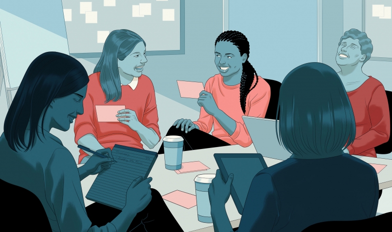 An illustration of women sitting around a conference table, talking and laughing, holding index cards and jotting notes