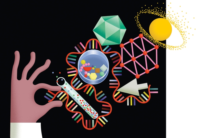 Colorful illustration of a hand holding a piece of RNA, a petri dish, and a planet with an asteroid ring