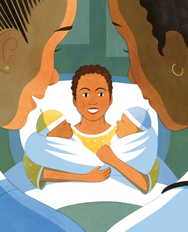 Illustration of a Black mother in a hospital bed cradling two newborn babies
