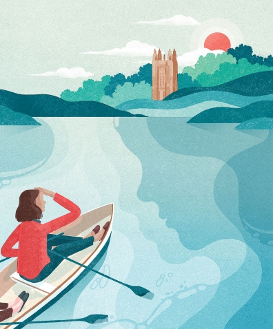 illustration of a woman in a row boat on Lake Waban, looking toward Galen Stone Tower