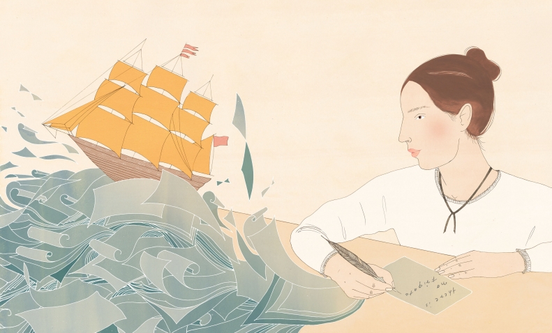 An illustration of Emily Dickinson writing on pieces of paper that turn into an ocean on which a schooner sails