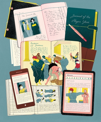 Illustration of diaries from pandemics throughout history, on paper and iPad and phone